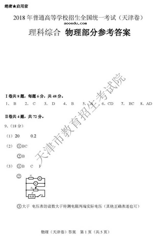 2018天津高考理综试题及答案【图片版】