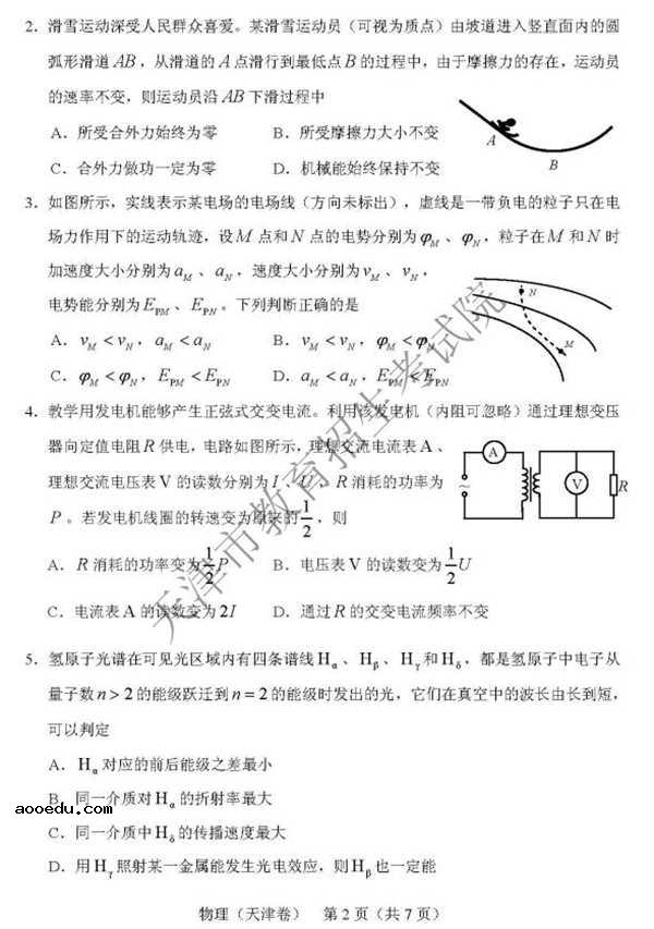 2018天津高考理综试题及答案【图片版】