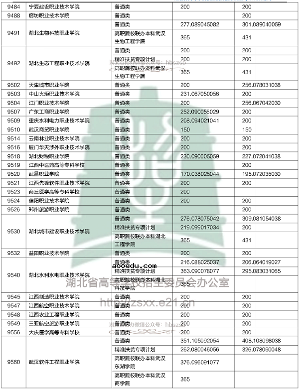 2018各高校在湖北专科录取（投档）分数线