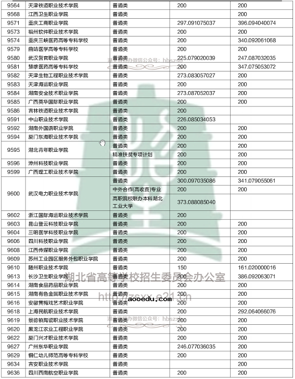 2018各高校在湖北专科录取（投档）分数线