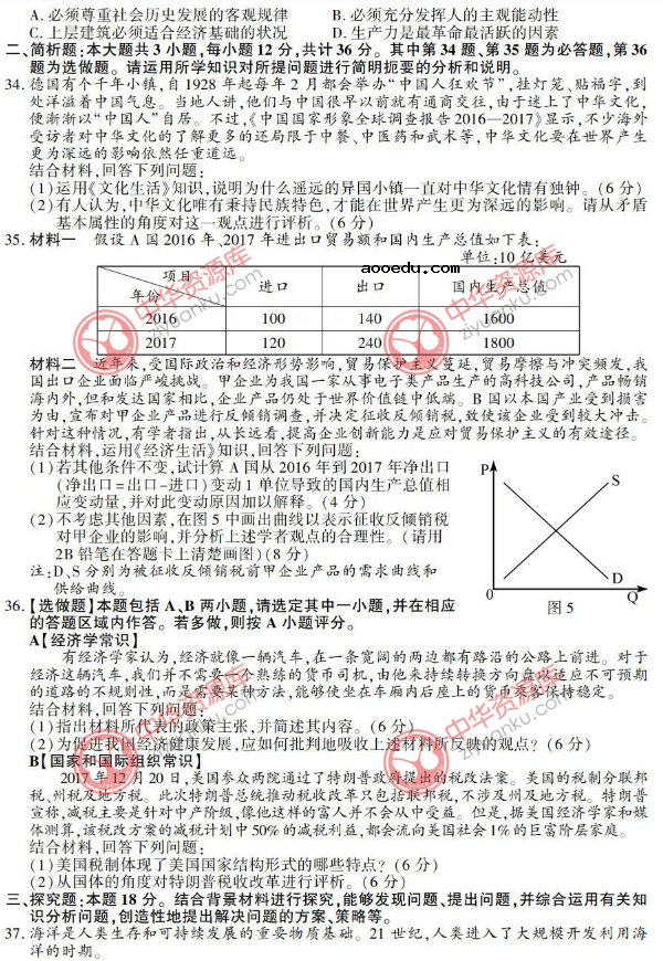 2018江苏高考政治试题原卷及答案【图片版】