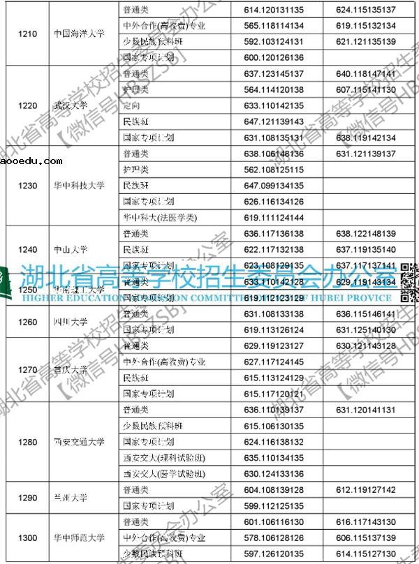 2018各高校在湖北本科一批录取（投档）分数线