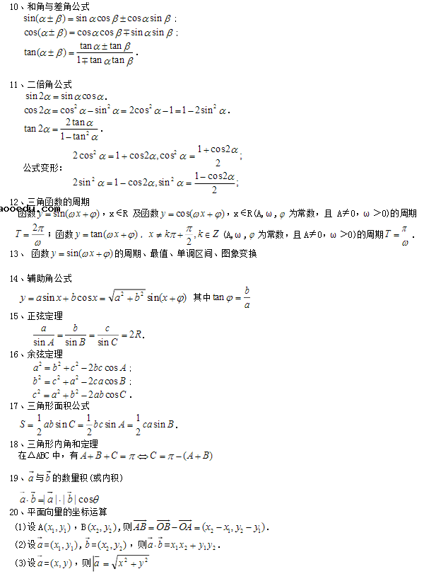 高三文科数学公式大全(一)