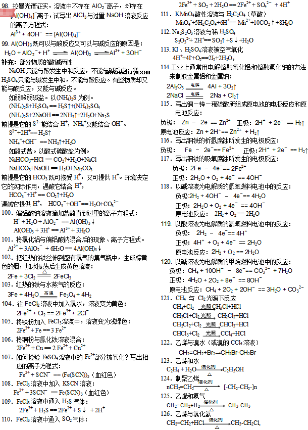 500个高中化学方程式 高中化学方程式总结版