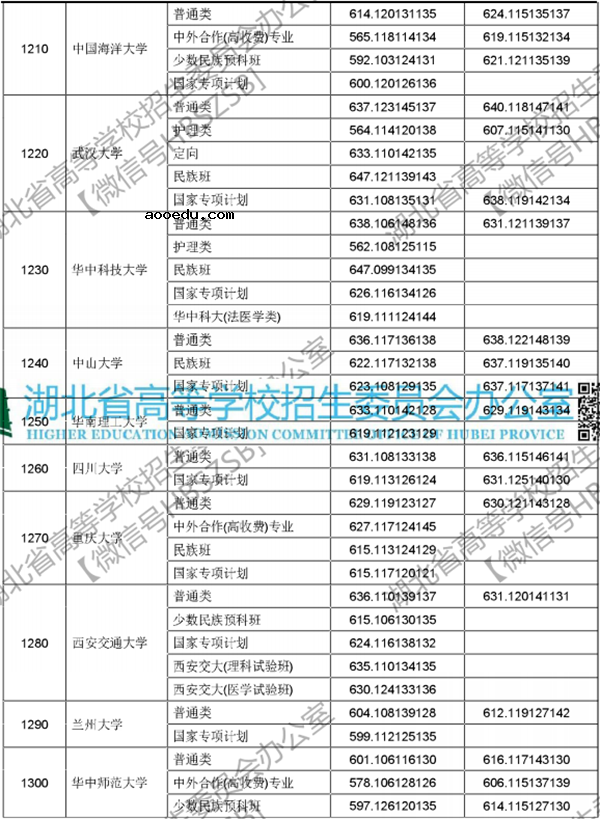 2018年各高校在湖北投档分数线