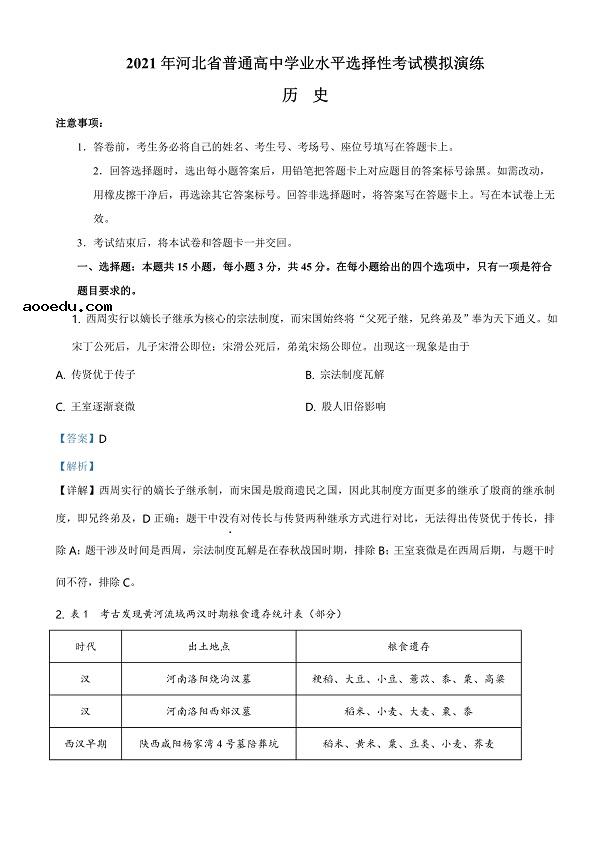 2021年八省联考河北历史试题及答案