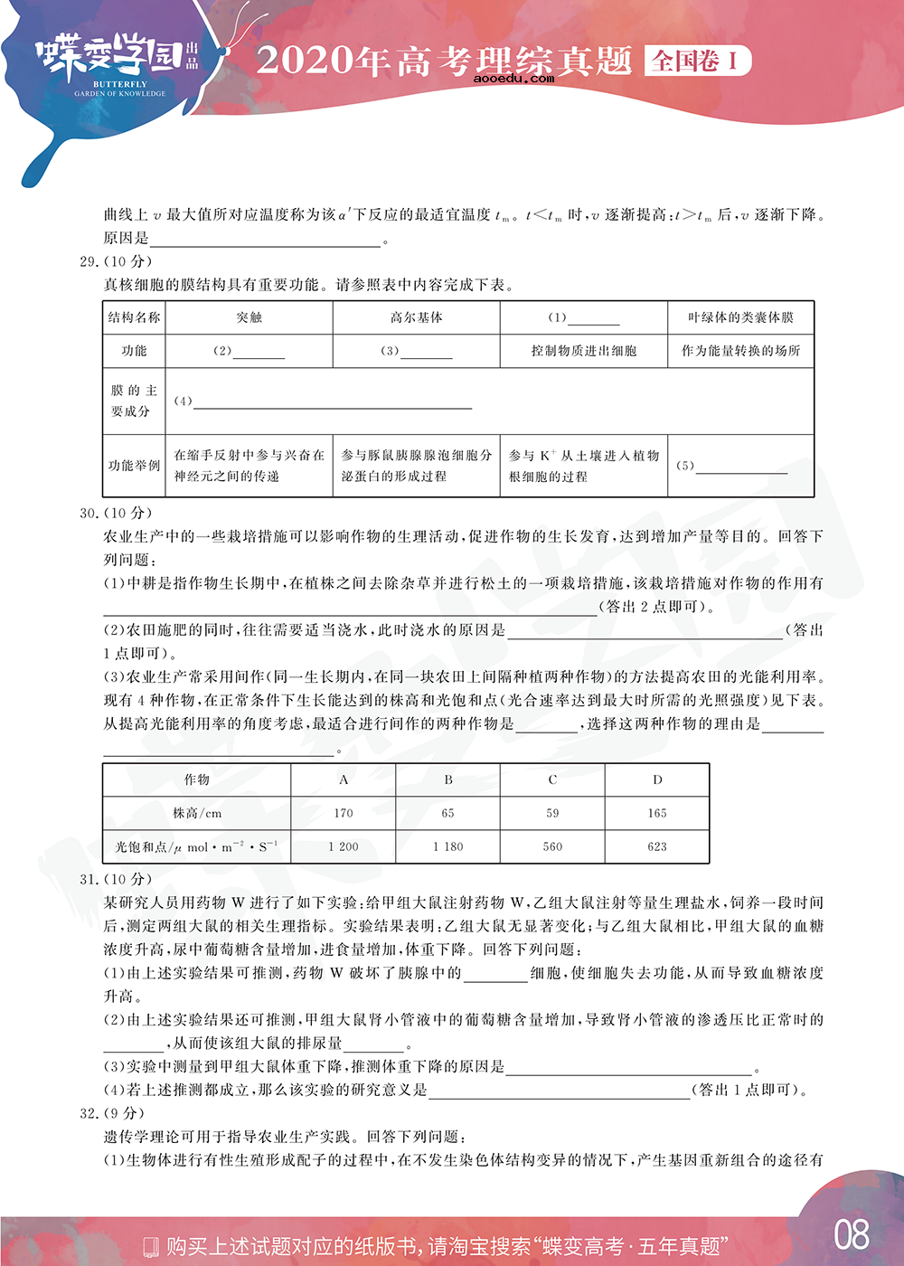 2020年全国1卷高考理综真题试卷【高清精校版】