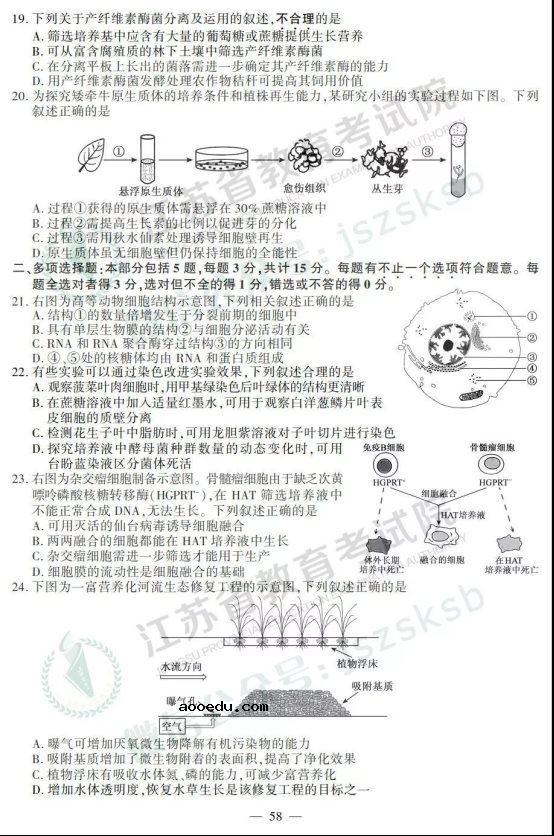 2019江苏高考生物试题及答案【图片版】