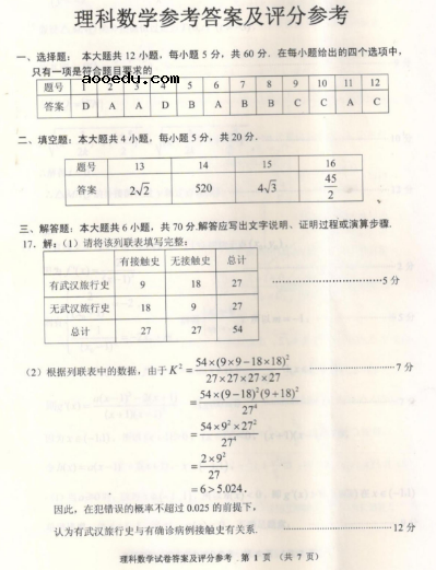 2020全国高考理科数学模拟试题及答案