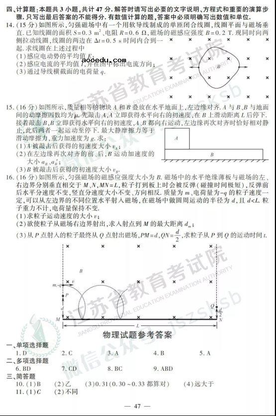 2019江苏高考物理试题及答案【图片版】