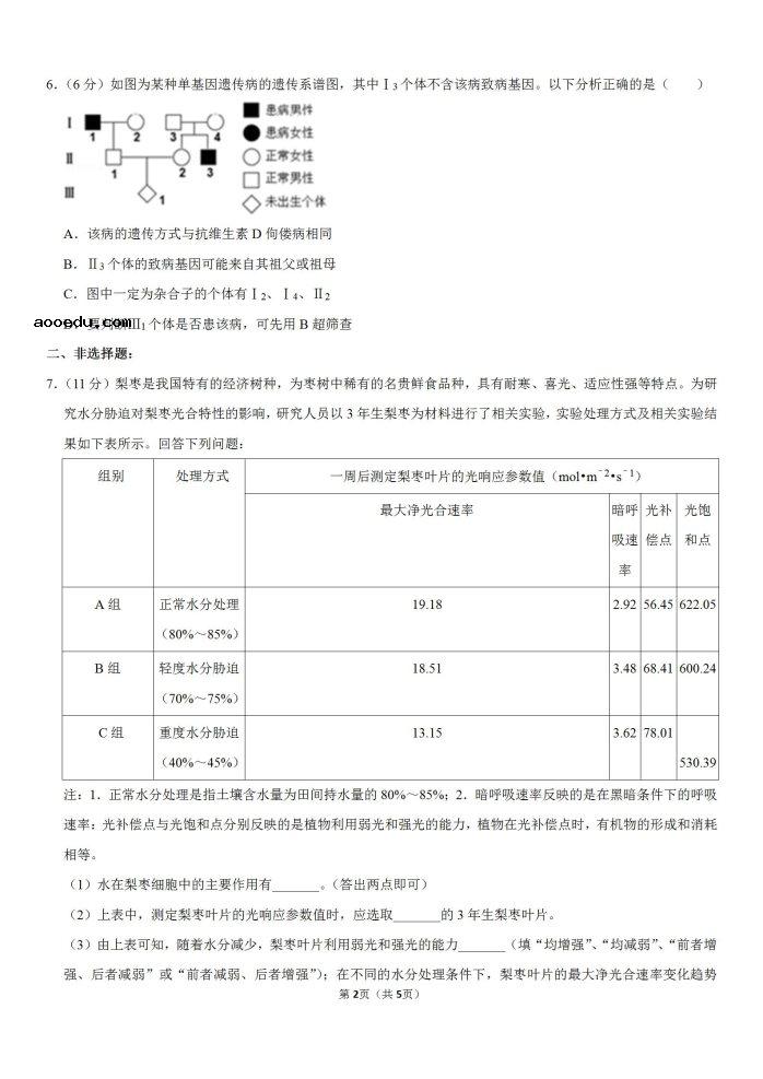 2020年四川生物高考3月模拟试题（含答案）