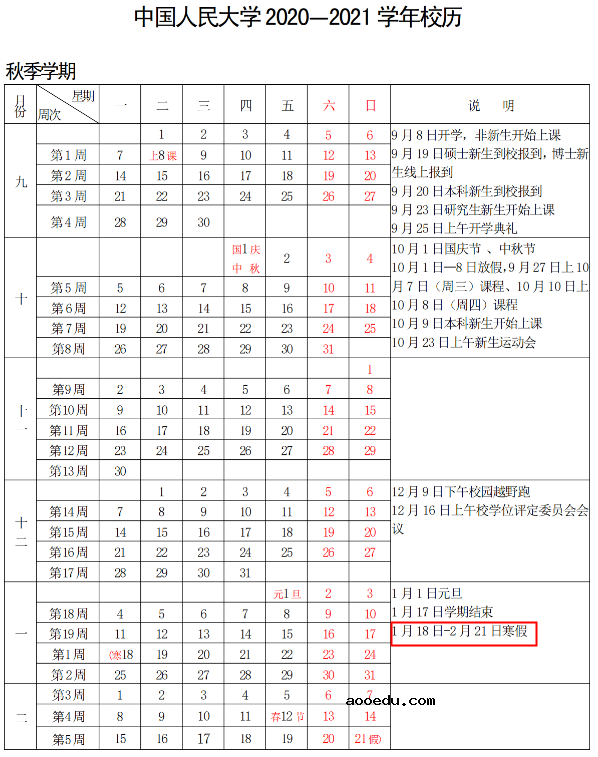 2021中国人民大学寒假放假时间公布