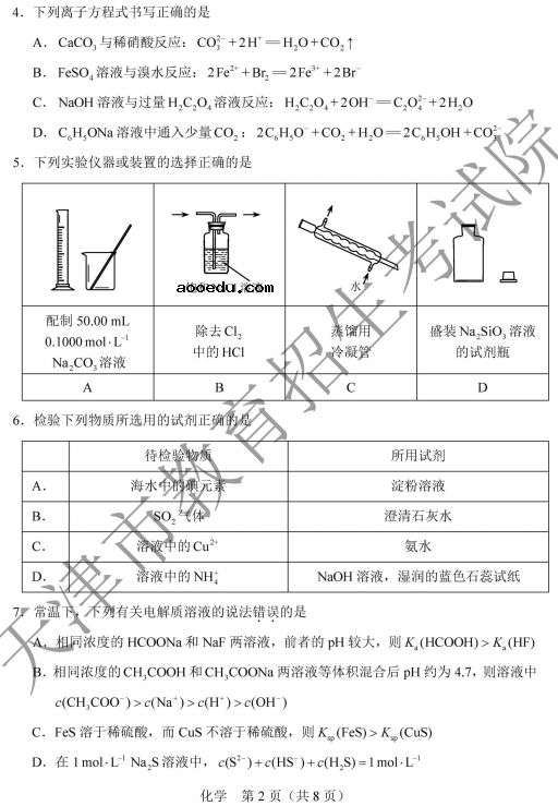 2020天津高考化学真题试卷