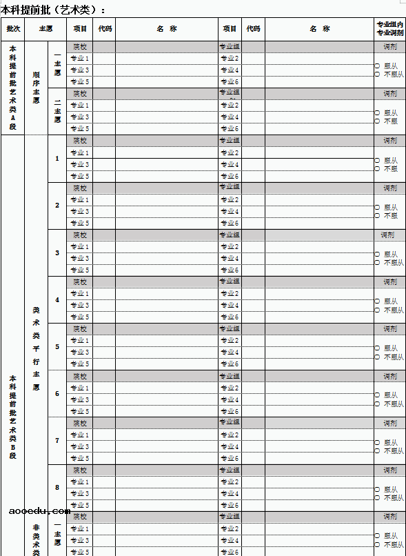 2020北京高考志愿填报表样表