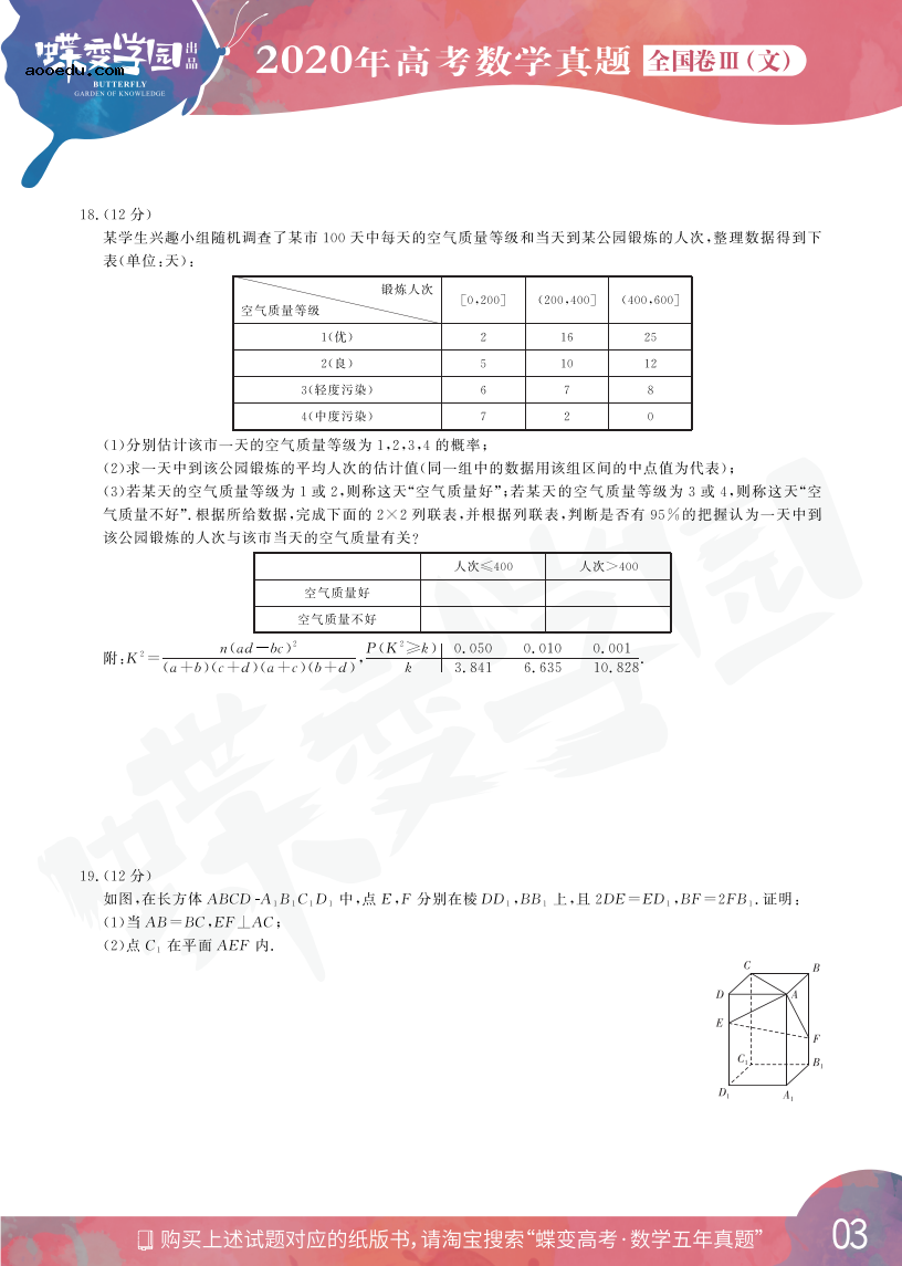 2020年全国3卷高考文科数学真题试卷【高清精校版】