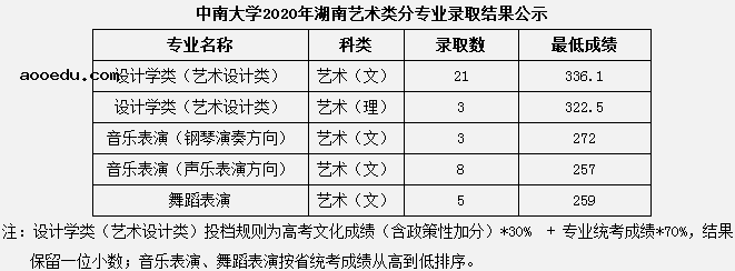 2020中南大学艺术类录取分数线公布