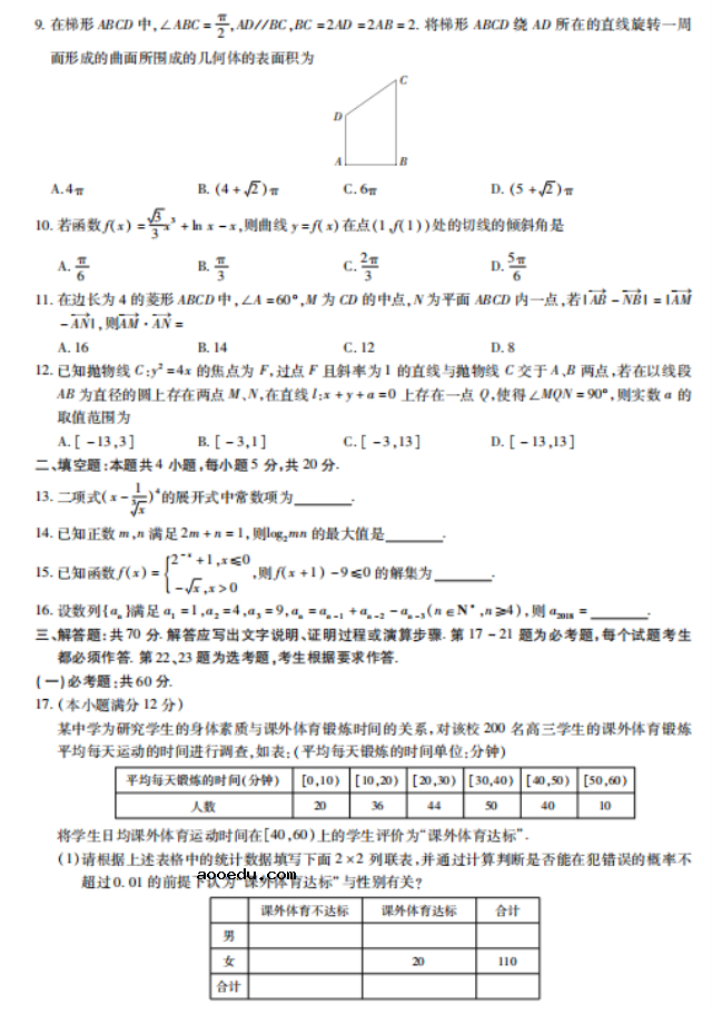 2020届广西高三理科数学模拟测试试题