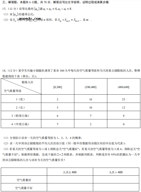 2020云南高考文科数学试题及答案解析【word精校版】