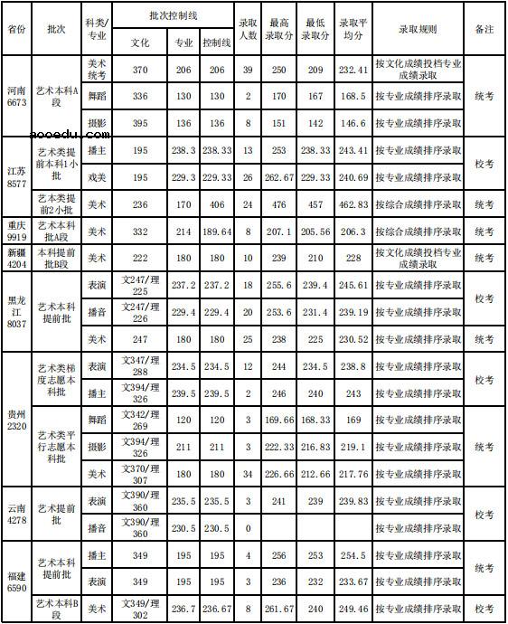 2020武汉设计工程学院艺术类各省各专业录取分数线