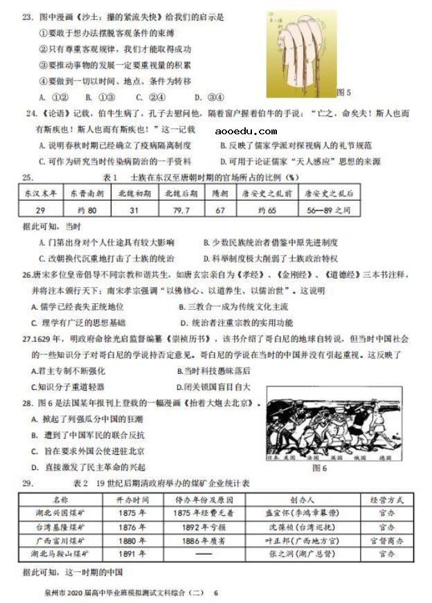 2020年福建省高三毕业班文科综合4月模拟测试