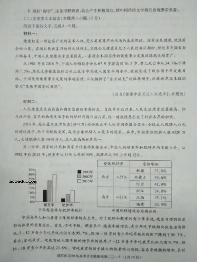 2020届陕西咸阳市语文高考模拟检测试题  ​