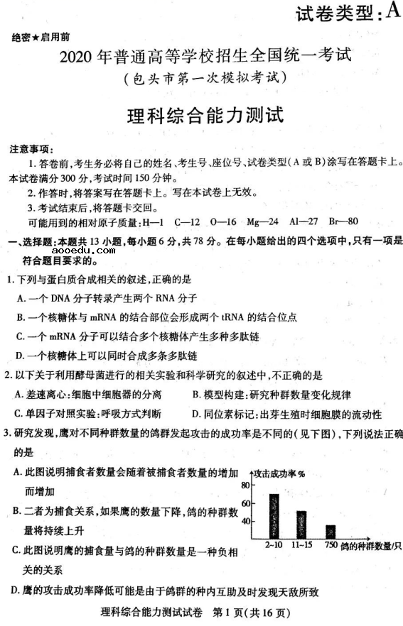 2020届内蒙古高三理科综合高考全国统一模拟试题