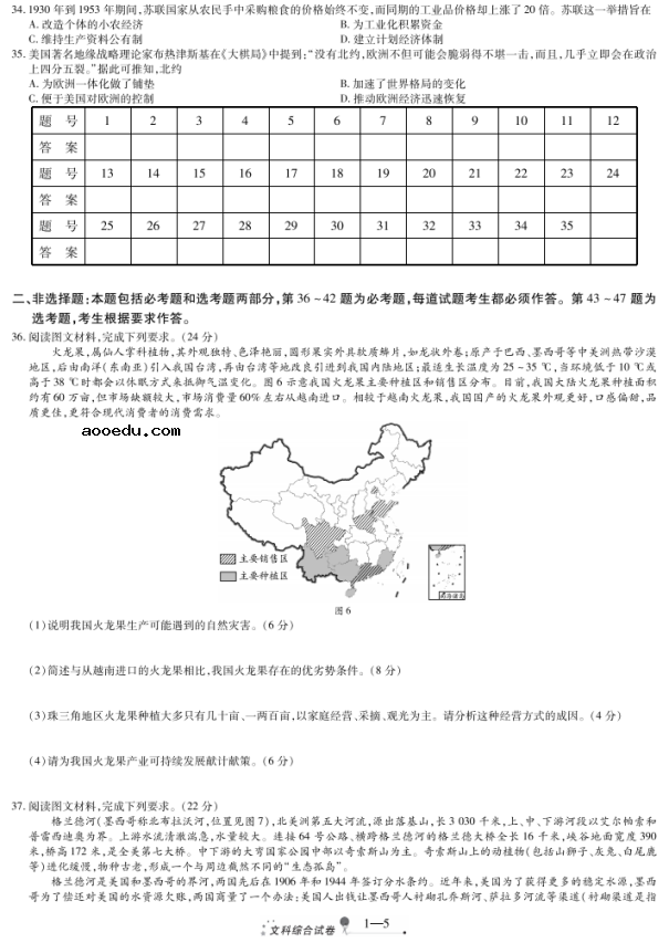 2020届山西省高三文综全真模拟试题