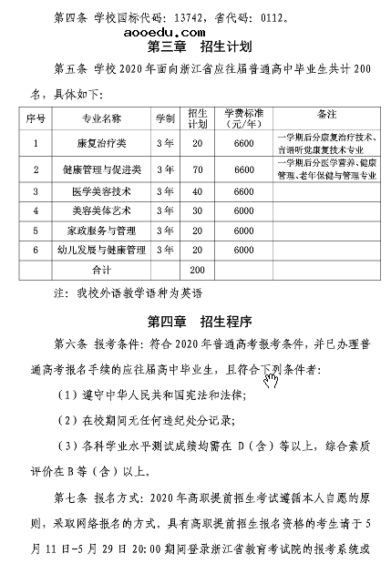 2020年宁波卫生职业技术学院高职提前招生章程