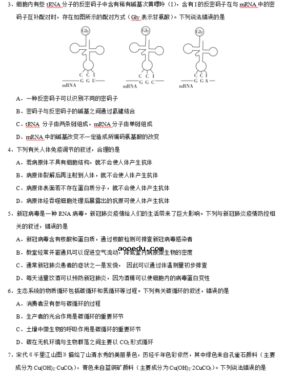 2020西藏高考理综试卷