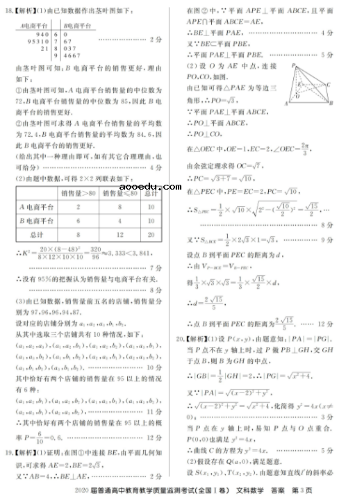 2021百校联盟全国一卷文科数学试题及答案解析