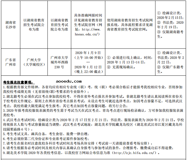 2020湖北美术学院校考时间及考点设置