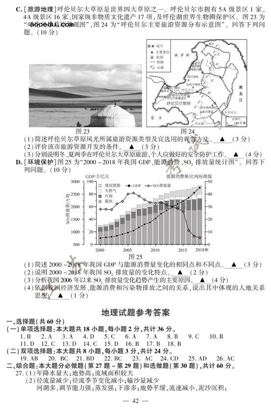 2020江苏高考地理试题及答案解析