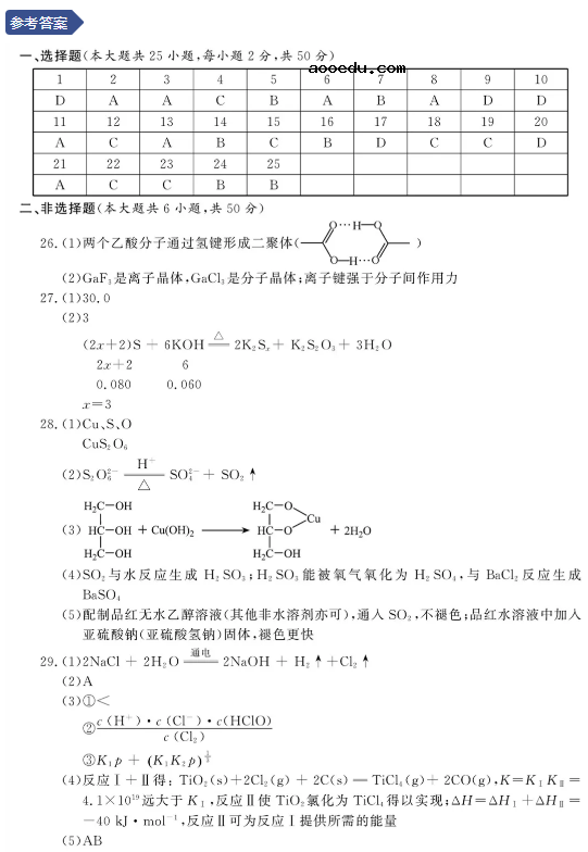 浙江2021年1月化学选考试题及答案