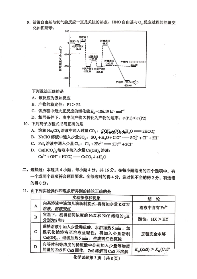 2021年八省联考湖南化学试题及答案