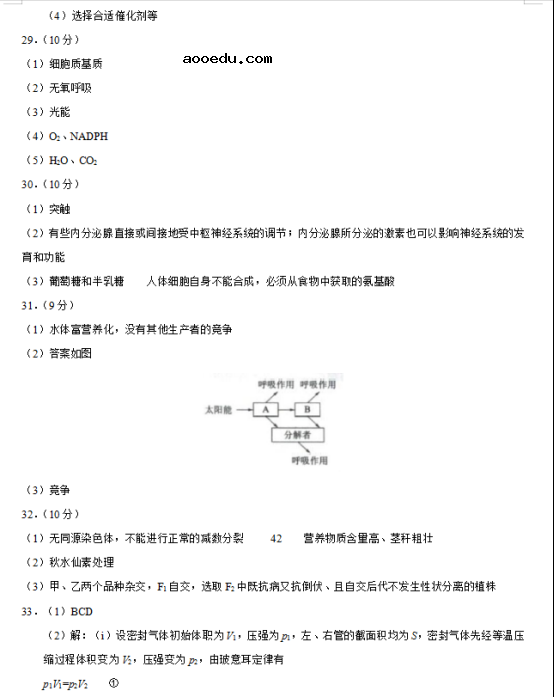 2020年西藏高考理综试题及答案解析