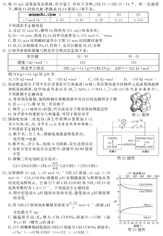 浙江2021年1月化学选考试题及答案