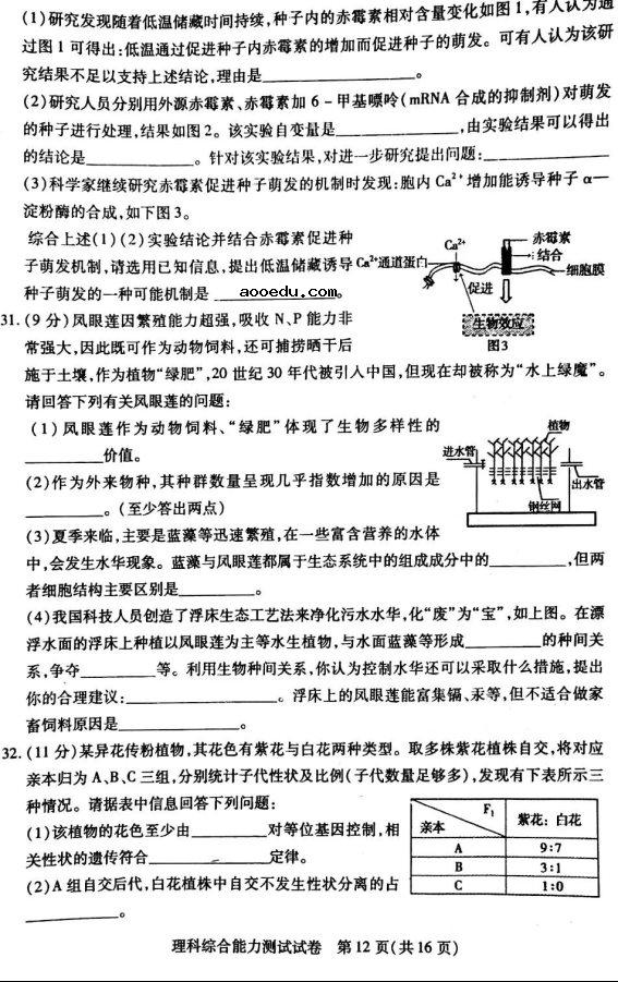 2020届内蒙古高三理科综合高考全国统一模拟试题