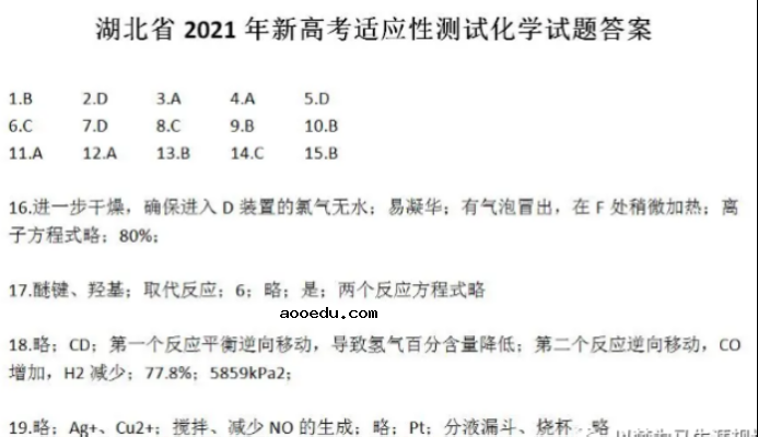 2021湖北新高考化学模拟试卷及答案解析