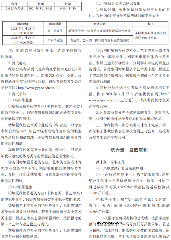 贵阳幼儿师范高等专科学校2021分类考试招生章程