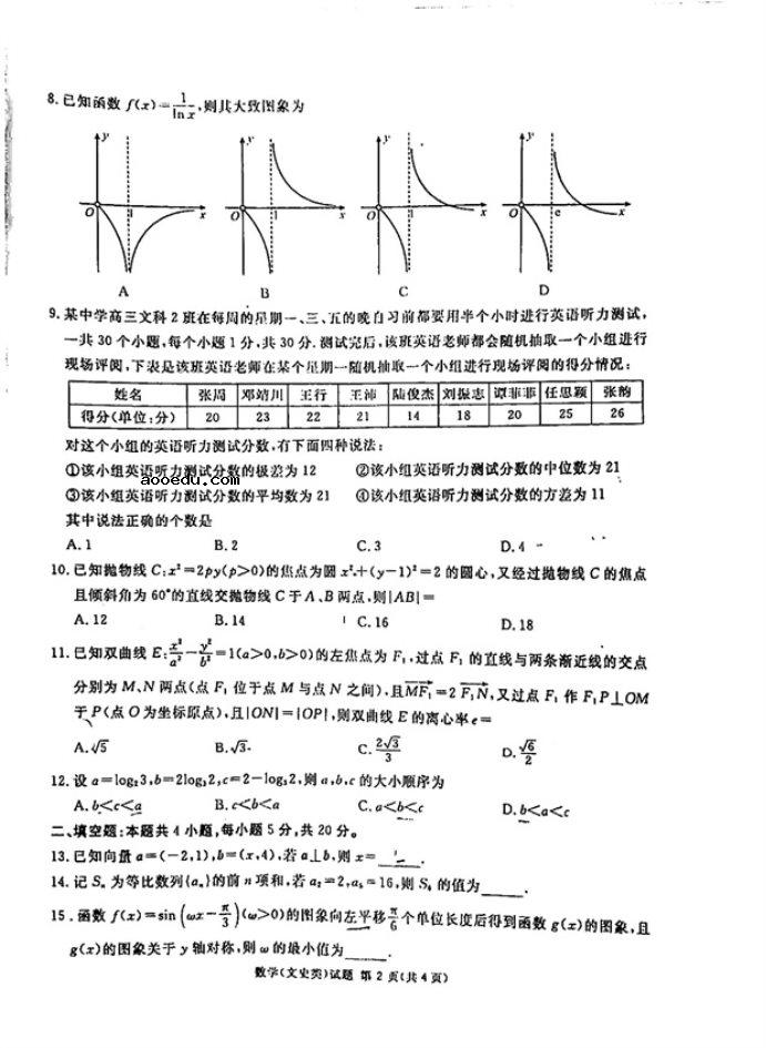 2021广西高考文科数学模拟试卷及答案