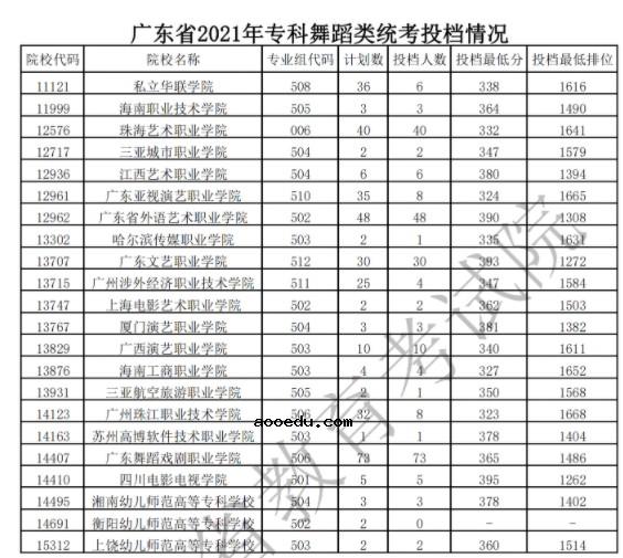 2021广东专科艺术类投档最低分及排名