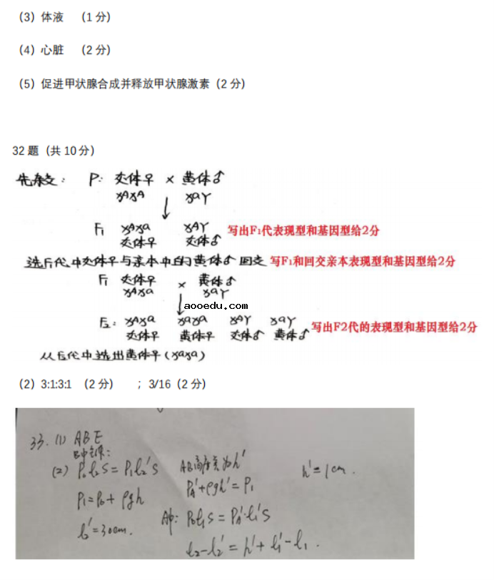 2021年内蒙古高考理综答案