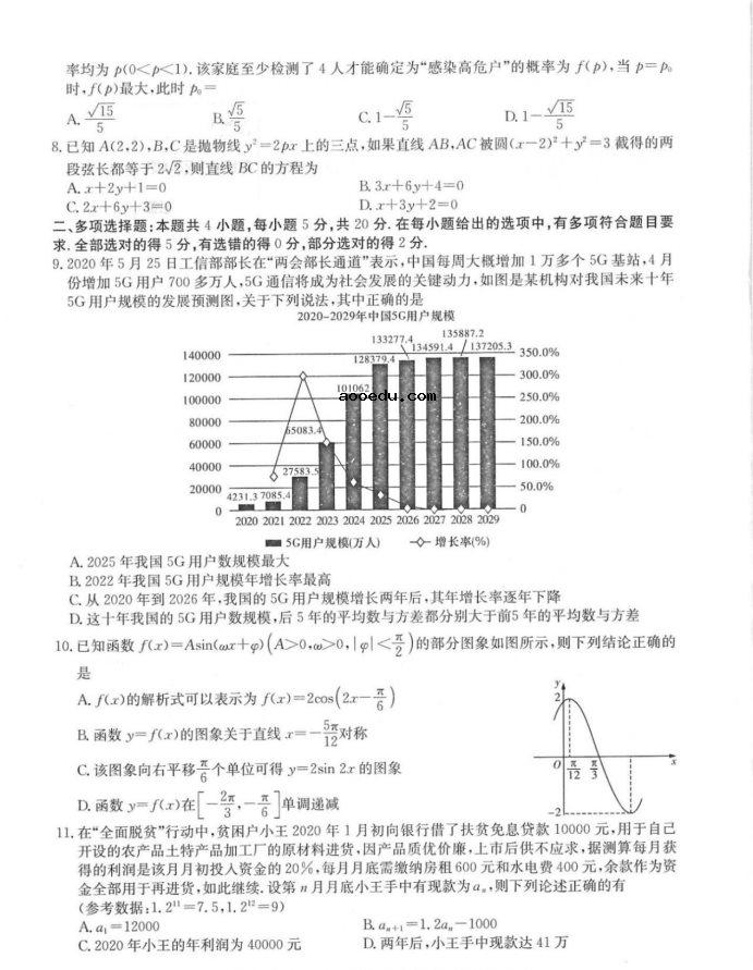 2021湖南高考数学模拟试卷及答案