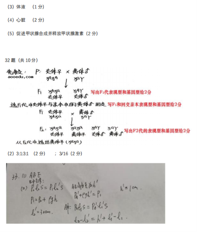 2021年青海高考理综真题答案解析