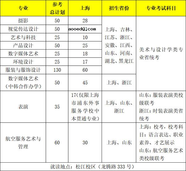 上海工程技术大学2022年艺术类专业招生计划