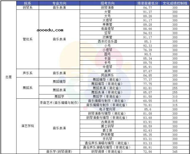 武汉音乐学院2021年录取分数线是多少