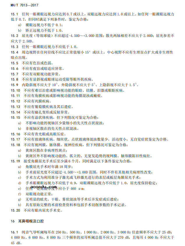 2022民用航空招收飞行学生体检鉴定规范 体检项目及要求