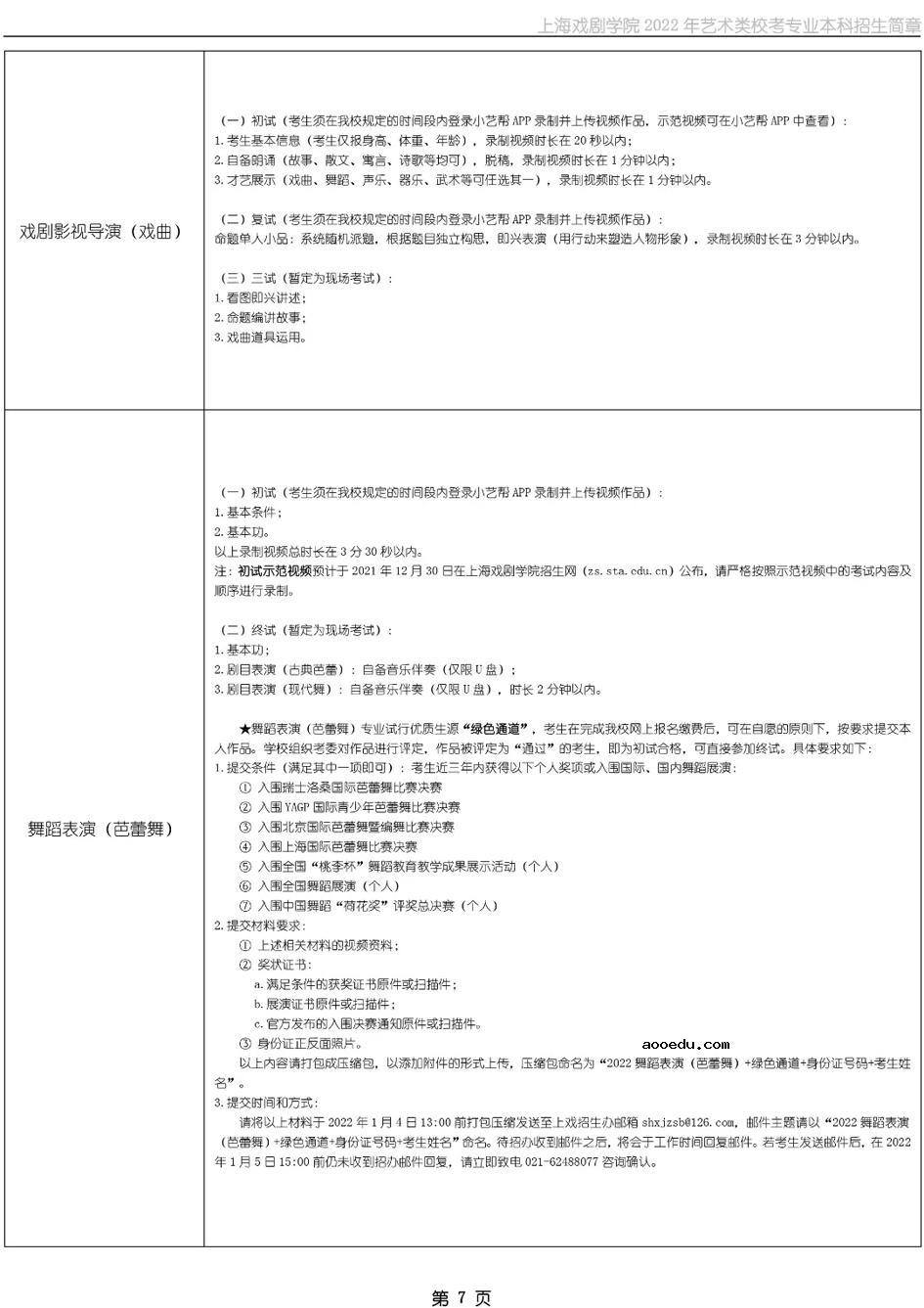 上海戏剧学院2022年艺术类校考招生简章 考试时间及内容