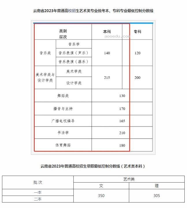 2023云南艺术学院本科录取分数线是多少