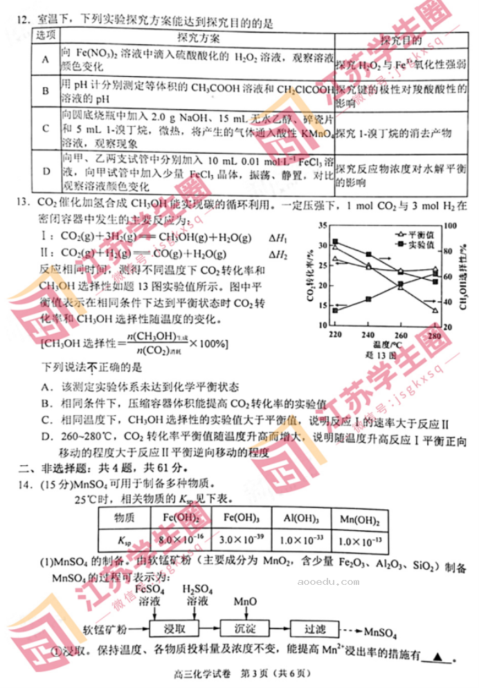 2024江苏南京高三零模考试化学试题及答案解析